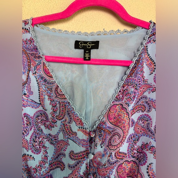 Jessica Simpson Blue Boho Paisley Chiffon Long Sleeve Crochet Trim Blouse 2X - Picture 12 of 12